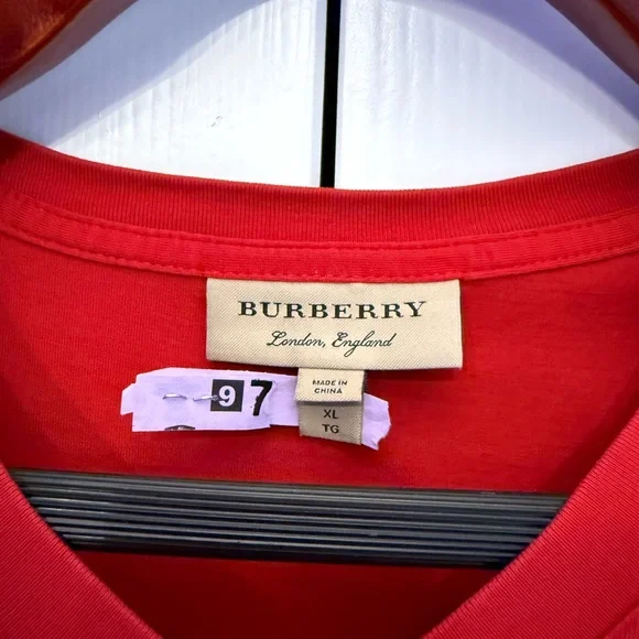 Burberry Red Short Sleeve V-Neck Tee with Black Emblem - Picture 3 of 6